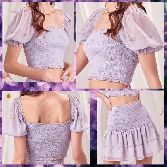 📌 STORIA Smocked Bodice Crop Top & Skirt Chiffon Sleeves & Double Ruffled Skirt - Picture 12 of 16